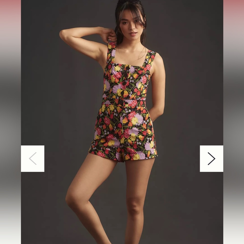 Maeve Black Floral Romper with Pink Yellow & Green Accents
